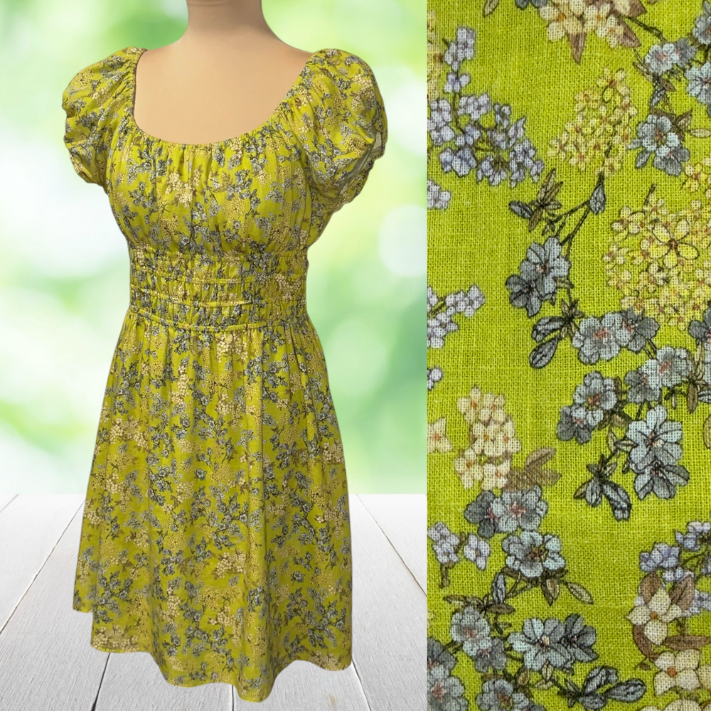 GIANNI BINI Sundress Milkmaid Puff Sleeve Floral Cottagecore Linen Green Size M